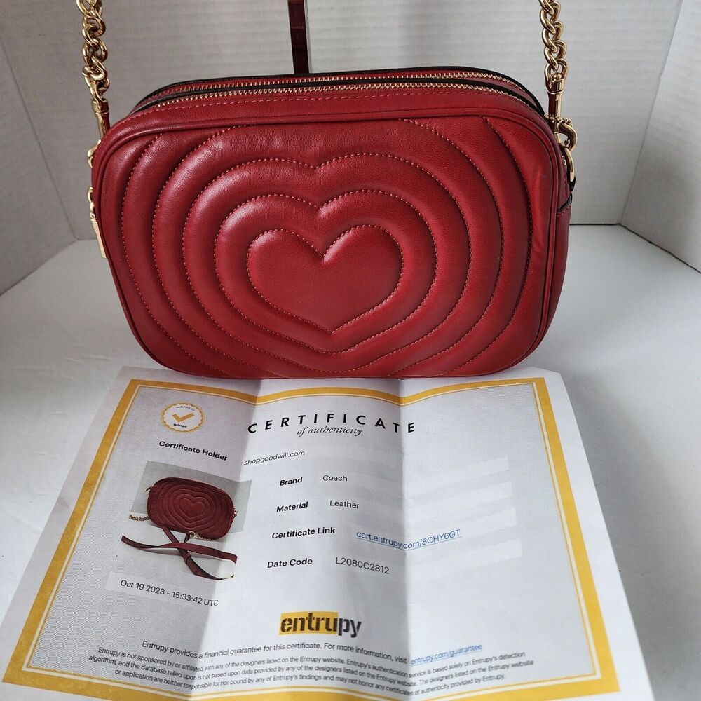 COACH Jes Crossbody Bag Puffy Heart Quilted Leather Gold 1941 Red C2812 With COA